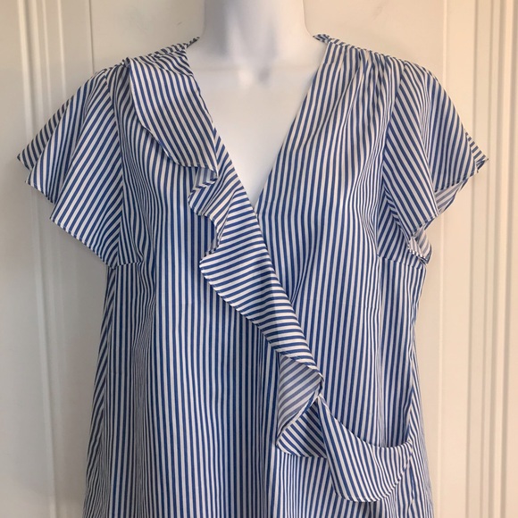 🔴 4/$15 Draper James Cotton Blue White Stripe Ruffle Front Blouse size 6 NWT - Picture 6 of 15
